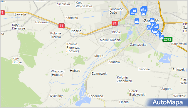 mapa Mokre gmina Zamość, Mokre gmina Zamość na mapie Targeo