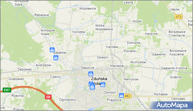 mapa Opiesin gmina Zduńska Wola, Opiesin gmina Zduńska Wola na mapie Targeo