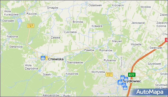 mapa Pawłów gmina Chlewiska, Pawłów gmina Chlewiska na mapie Targeo