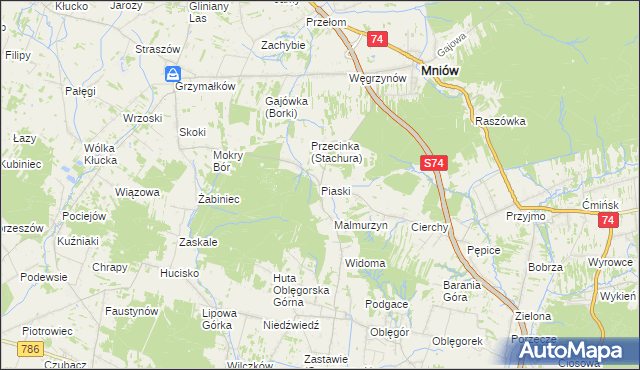 mapa Piaski gmina Mniów, Piaski gmina Mniów na mapie Targeo