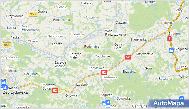 mapa Podchybie gmina Lanckorona, Podchybie gmina Lanckorona na mapie Targeo