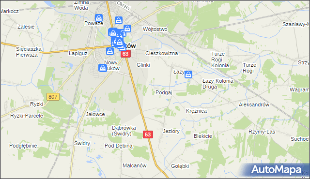 mapa Podgaj gmina Łuków, Podgaj gmina Łuków na mapie Targeo
