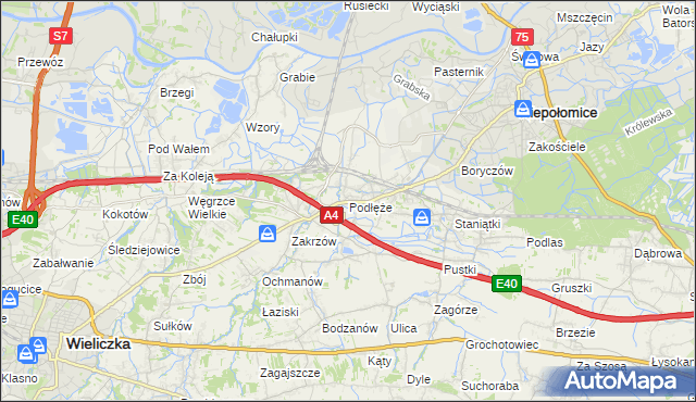 mapa Podłęże gmina Niepołomice, Podłęże gmina Niepołomice na mapie Targeo