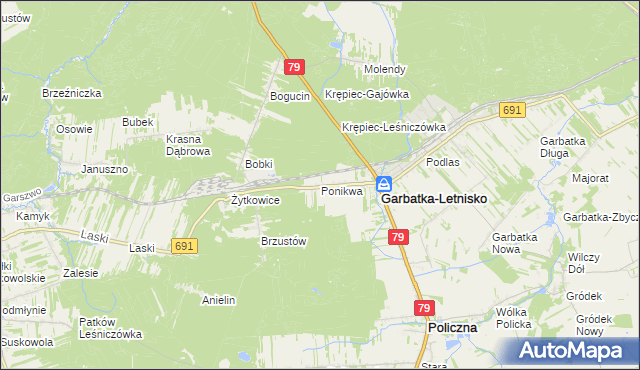 mapa Ponikwa gmina Garbatka-Letnisko, Ponikwa gmina Garbatka-Letnisko na mapie Targeo
