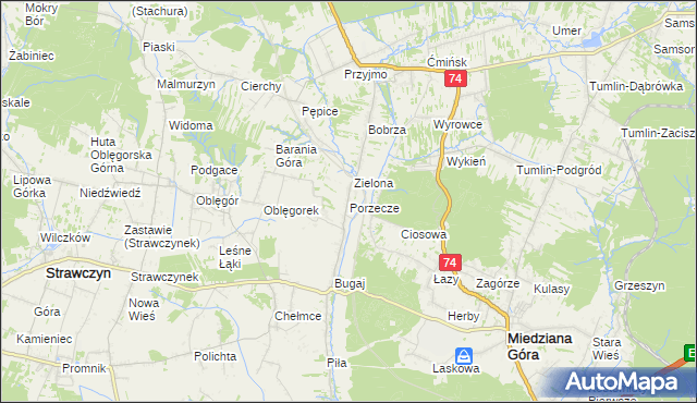 mapa Porzecze gmina Miedziana Góra, Porzecze gmina Miedziana Góra na mapie Targeo