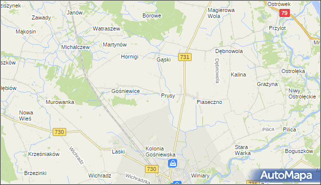 mapa Prusy gmina Warka, Prusy gmina Warka na mapie Targeo