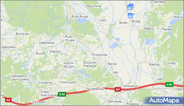 mapa Przyborów gmina Borzęcin, Przyborów gmina Borzęcin na mapie Targeo