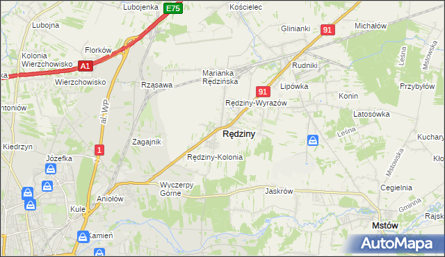 mapa Rędziny powiat częstochowski, Rędziny powiat częstochowski na mapie Targeo