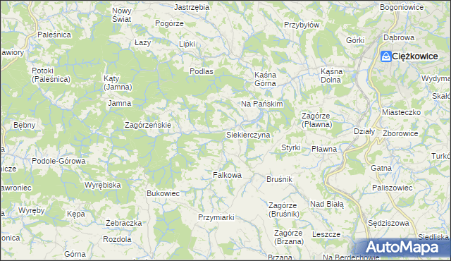 mapa Siekierczyna gmina Ciężkowice, Siekierczyna gmina Ciężkowice na mapie Targeo