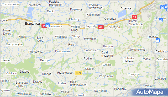 mapa Sosnowice gmina Brzeźnica, Sosnowice gmina Brzeźnica na mapie Targeo