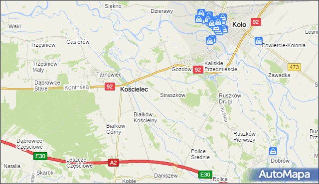 mapa Straszków gmina Kościelec, Straszków gmina Kościelec na mapie Targeo