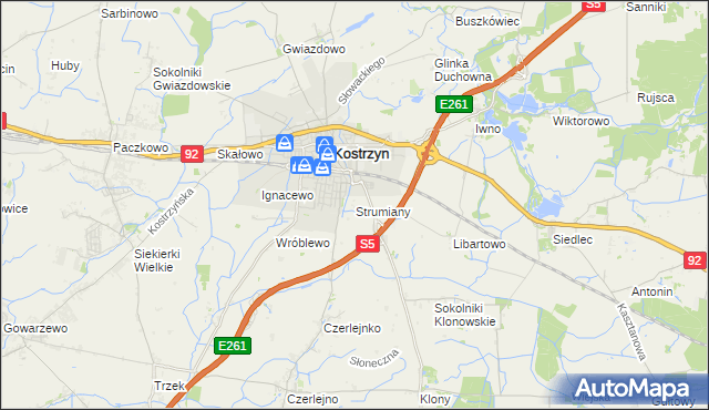 mapa Strumiany gmina Kostrzyn, Strumiany gmina Kostrzyn na mapie Targeo