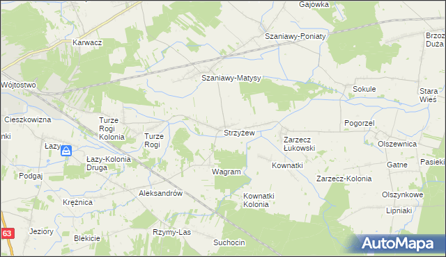mapa Strzyżew gmina Łuków, Strzyżew gmina Łuków na mapie Targeo