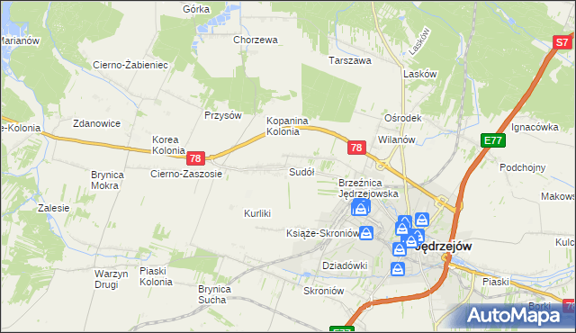 mapa Sudół gmina Jędrzejów, Sudół gmina Jędrzejów na mapie Targeo