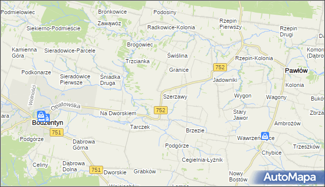mapa Szerzawy gmina Pawłów, Szerzawy gmina Pawłów na mapie Targeo
