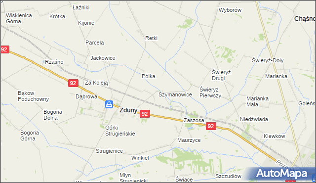 mapa Szymanowice gmina Zduny, Szymanowice gmina Zduny na mapie Targeo