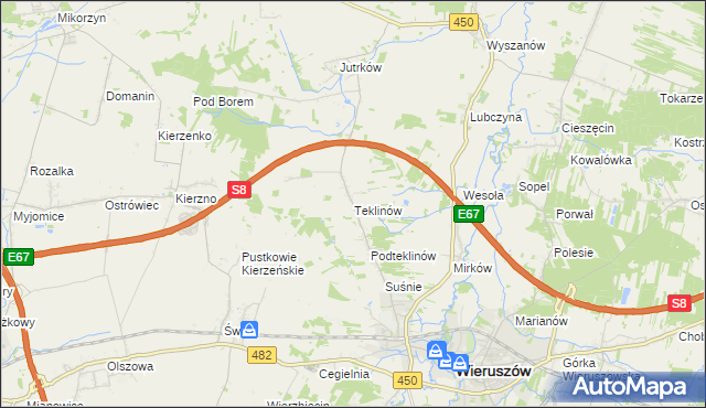 mapa Teklinów gmina Wieruszów, Teklinów gmina Wieruszów na mapie Targeo
