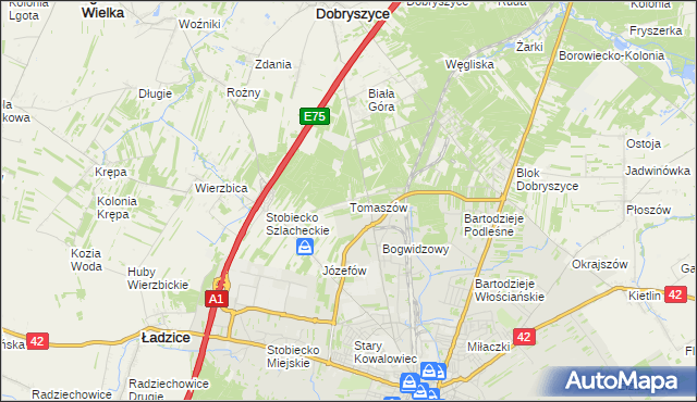 mapa Tomaszów gmina Ładzice, Tomaszów gmina Ładzice na mapie Targeo