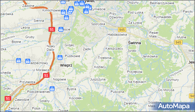 mapa Trzebinia gmina Świnna, Trzebinia gmina Świnna na mapie Targeo
