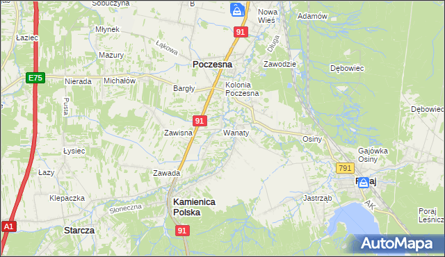 mapa Wanaty gmina Kamienica Polska, Wanaty gmina Kamienica Polska na mapie Targeo
