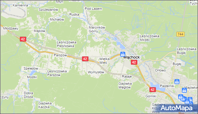 mapa Wielka Wieś gmina Wąchock, Wielka Wieś gmina Wąchock na mapie Targeo