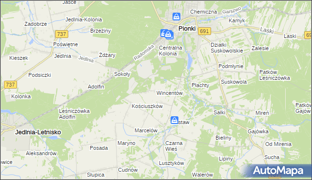mapa Wincentów gmina Pionki, Wincentów gmina Pionki na mapie Targeo