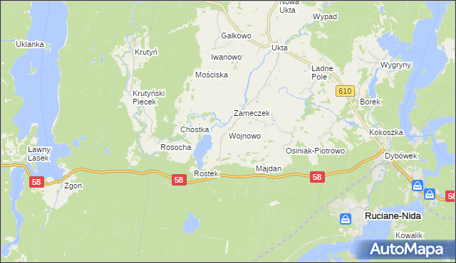 mapa Wojnowo gmina Ruciane-Nida, Wojnowo gmina Ruciane-Nida na mapie Targeo