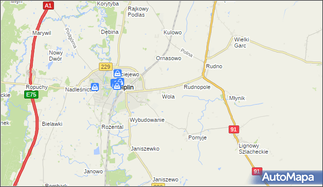 mapa Wola gmina Pelplin, Wola gmina Pelplin na mapie Targeo