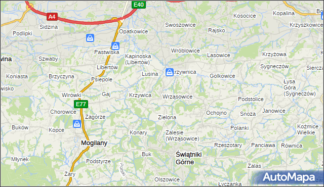 mapa Wrząsowice, Wrząsowice na mapie Targeo