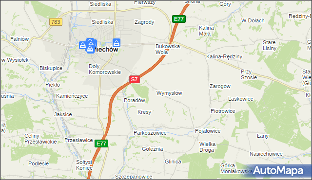 mapa Wymysłów gmina Miechów, Wymysłów gmina Miechów na mapie Targeo