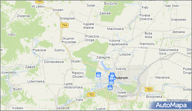 mapa Zabagnie gmina Wolbrom, Zabagnie gmina Wolbrom na mapie Targeo