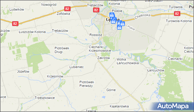 mapa Zakrzów gmina Łęczna, Zakrzów gmina Łęczna na mapie Targeo