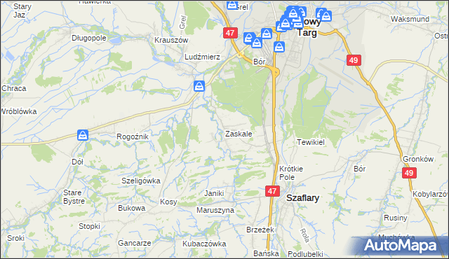 mapa Zaskale gmina Szaflary, Zaskale gmina Szaflary na mapie Targeo