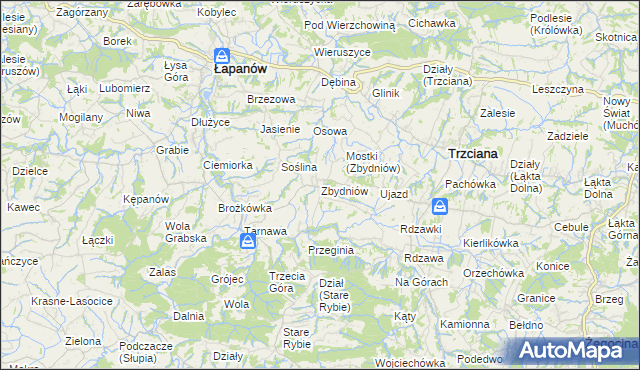 mapa Zbydniów gmina Łapanów, Zbydniów gmina Łapanów na mapie Targeo