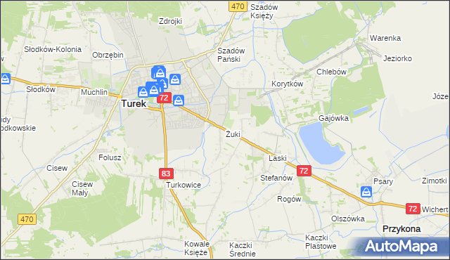 mapa Żuki gmina Turek, Żuki gmina Turek na mapie Targeo