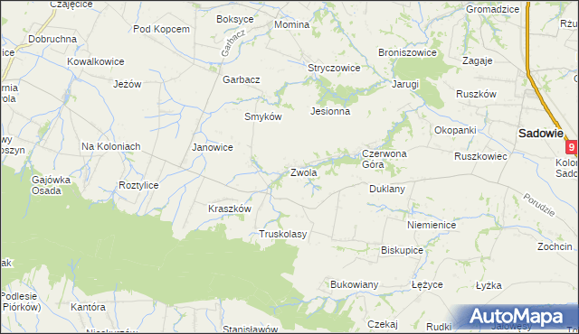 mapa Zwola gmina Sadowie, Zwola gmina Sadowie na mapie Targeo