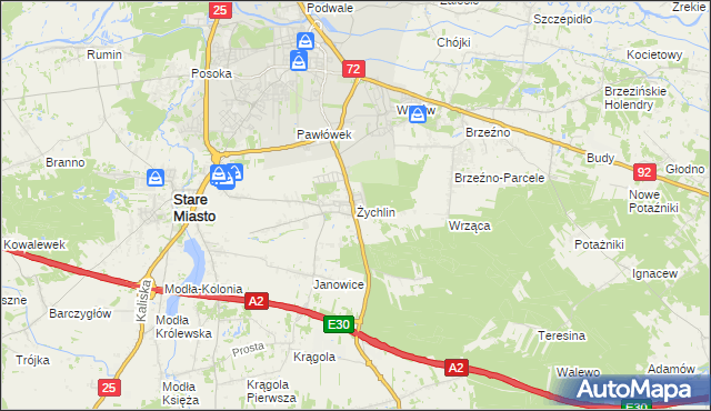 mapa Żychlin gmina Stare Miasto, Żychlin gmina Stare Miasto na mapie Targeo