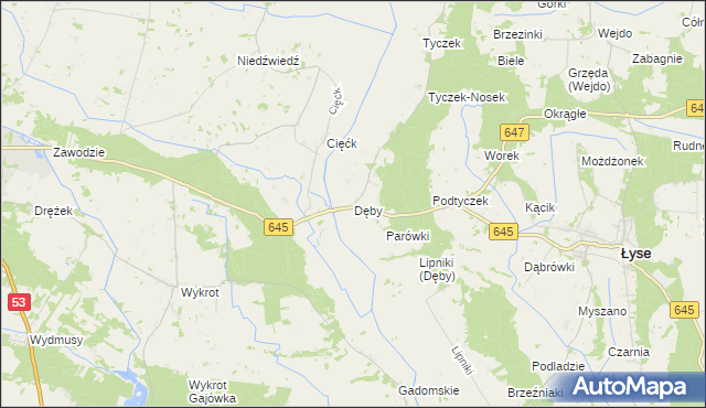 mapa Dęby gmina Łyse, Dęby gmina Łyse na mapie Targeo