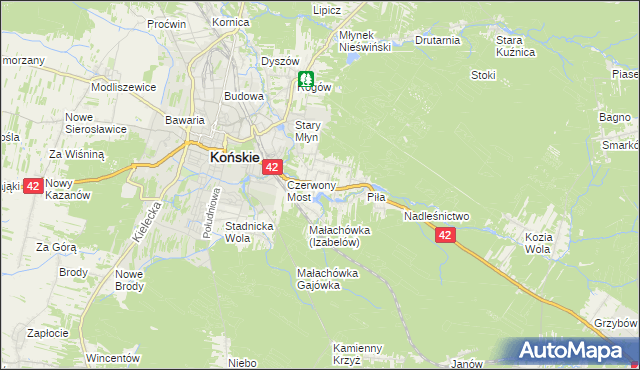 mapa Pomyków gmina Końskie, Pomyków gmina Końskie na mapie Targeo