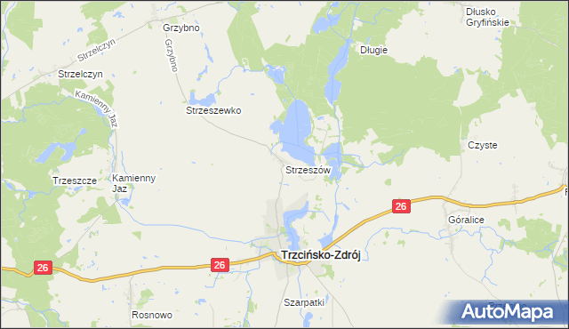 mapa Strzeszów gmina Trzcińsko-Zdrój, Strzeszów gmina Trzcińsko-Zdrój na mapie Targeo