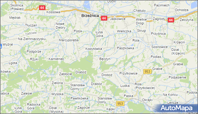 mapa Bęczyn gmina Brzeźnica, Bęczyn gmina Brzeźnica na mapie Targeo