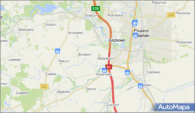 mapa Będzieszyn gmina Pruszcz Gdański, Będzieszyn gmina Pruszcz Gdański na mapie Targeo