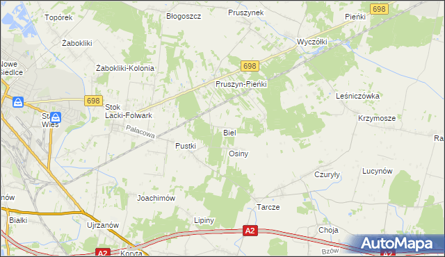 mapa Biel gmina Siedlce, Biel gmina Siedlce na mapie Targeo