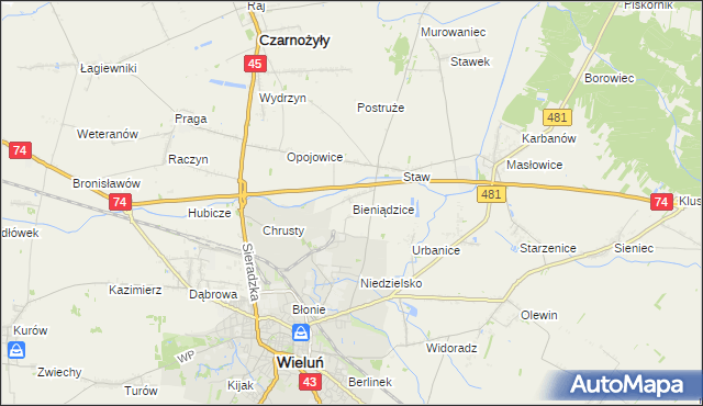 mapa Bieniądzice, Bieniądzice na mapie Targeo