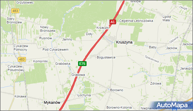 mapa Bogusławice gmina Kruszyna, Bogusławice gmina Kruszyna na mapie Targeo