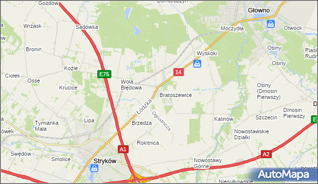 mapa Bratoszewice, Bratoszewice na mapie Targeo
