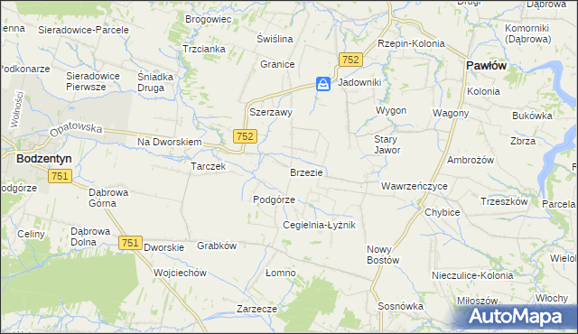 mapa Brzezie gmina Pawłów, Brzezie gmina Pawłów na mapie Targeo