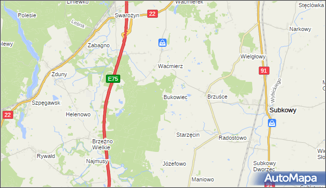 mapa Bukowiec gmina Subkowy, Bukowiec gmina Subkowy na mapie Targeo