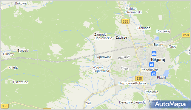 mapa Dąbrowica gmina Biłgoraj, Dąbrowica gmina Biłgoraj na mapie Targeo