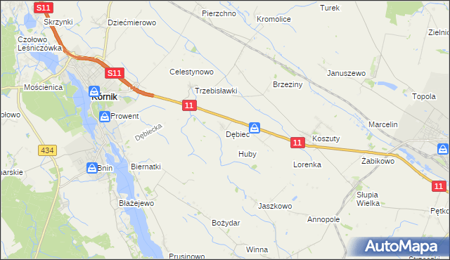 mapa Dębiec gmina Kórnik, Dębiec gmina Kórnik na mapie Targeo